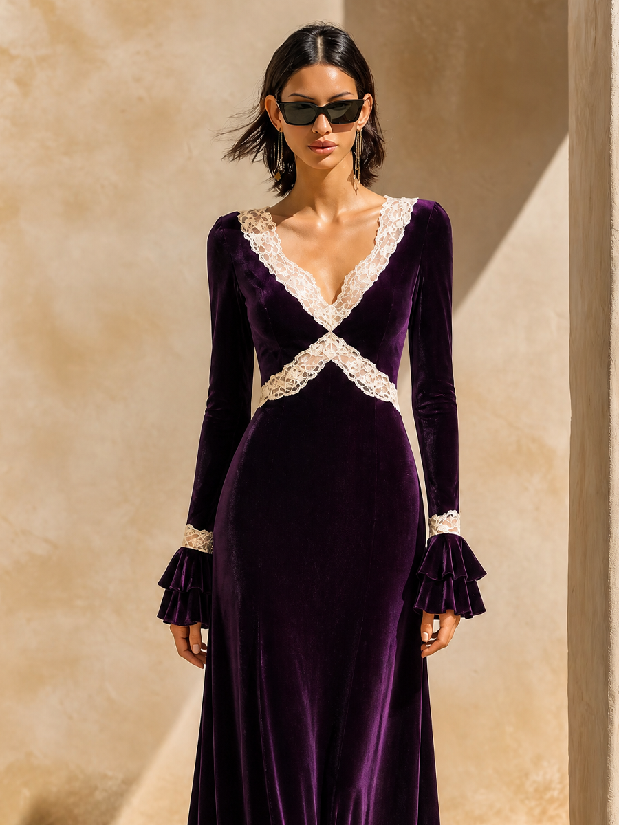 Women's Velvet Lace Trim Maxi Dress – ModClo