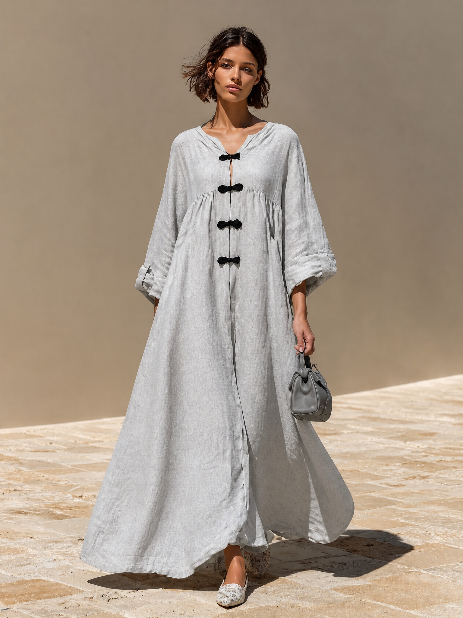 Women's Linen Frog Button Maxi Dress – ModClo