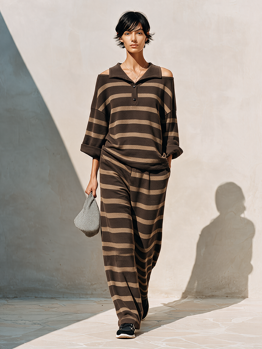 Women's Knit Lapel Striped Set – ModClo