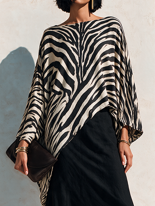 Women's Zebra-Print Asymmetric Hem Cotton-Blend Top – ModClo