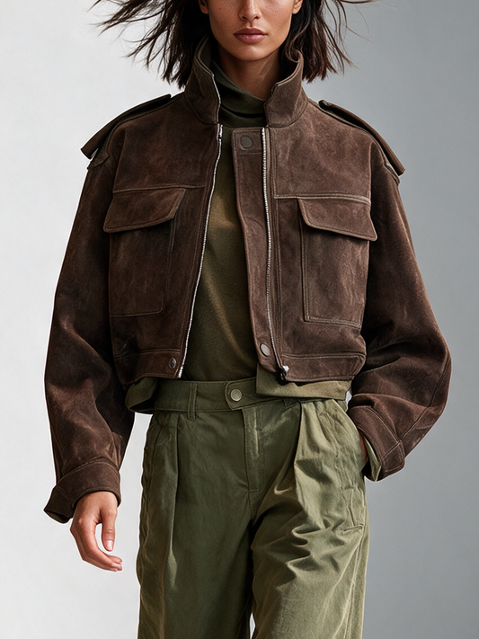 Women's Dark Brown Cropped Stand Collar Utility Suede Jacket – ModClo