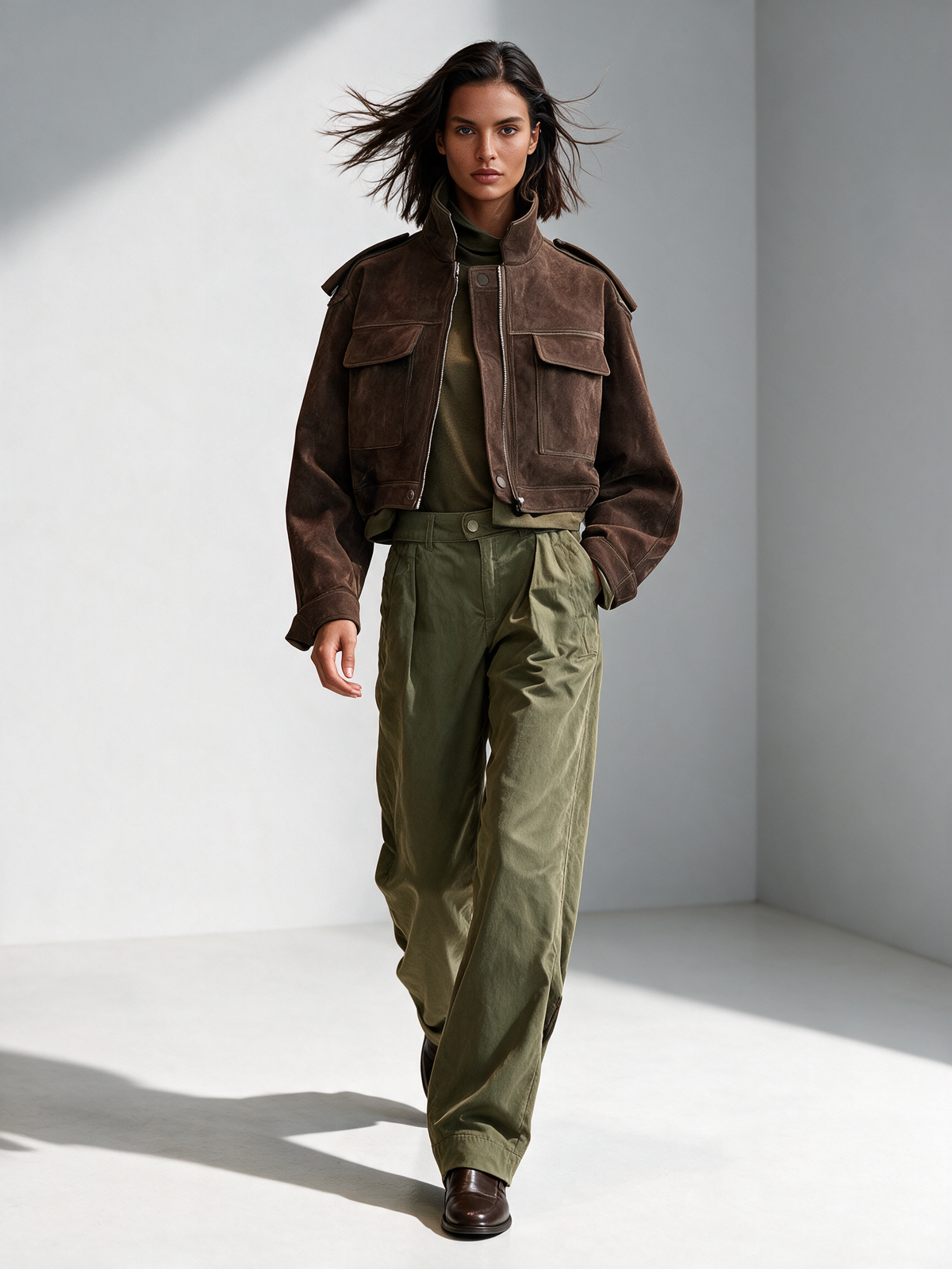 Women's Dark Brown Cropped Stand Collar Utility Suede Jacket – ModClo