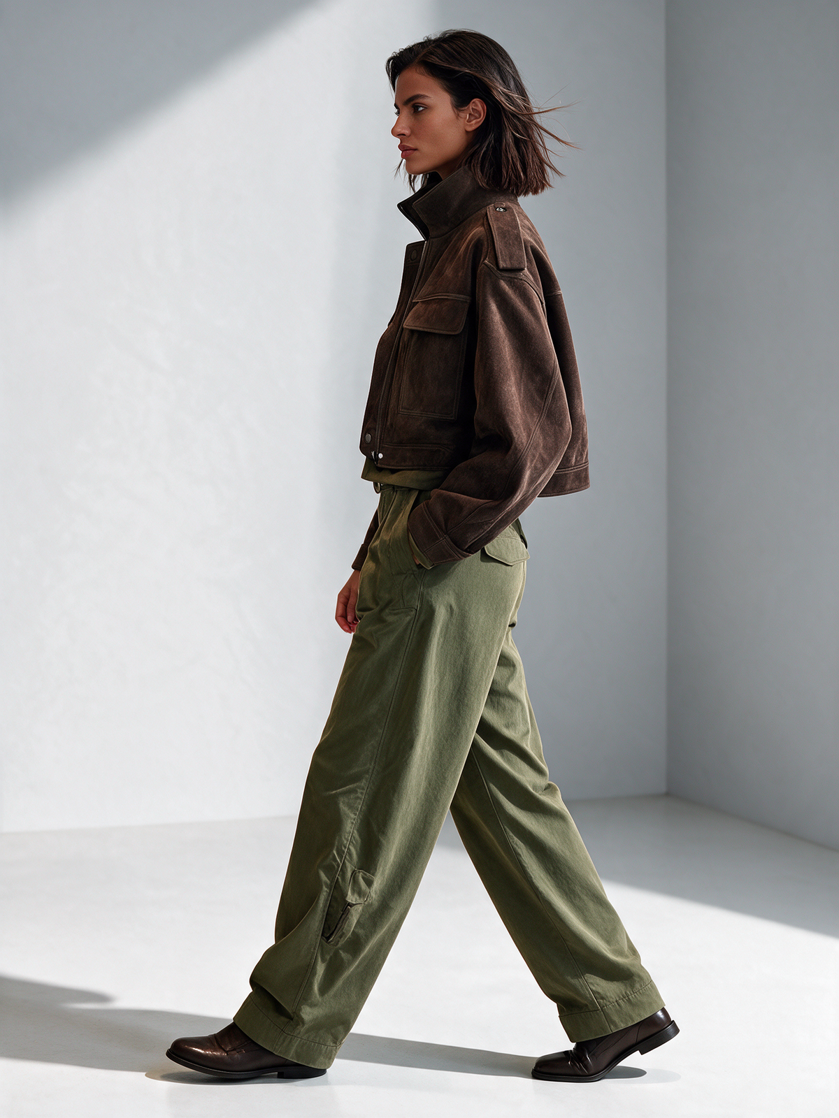 Women's Dark Brown Cropped Stand Collar Utility Suede Jacket – ModClo