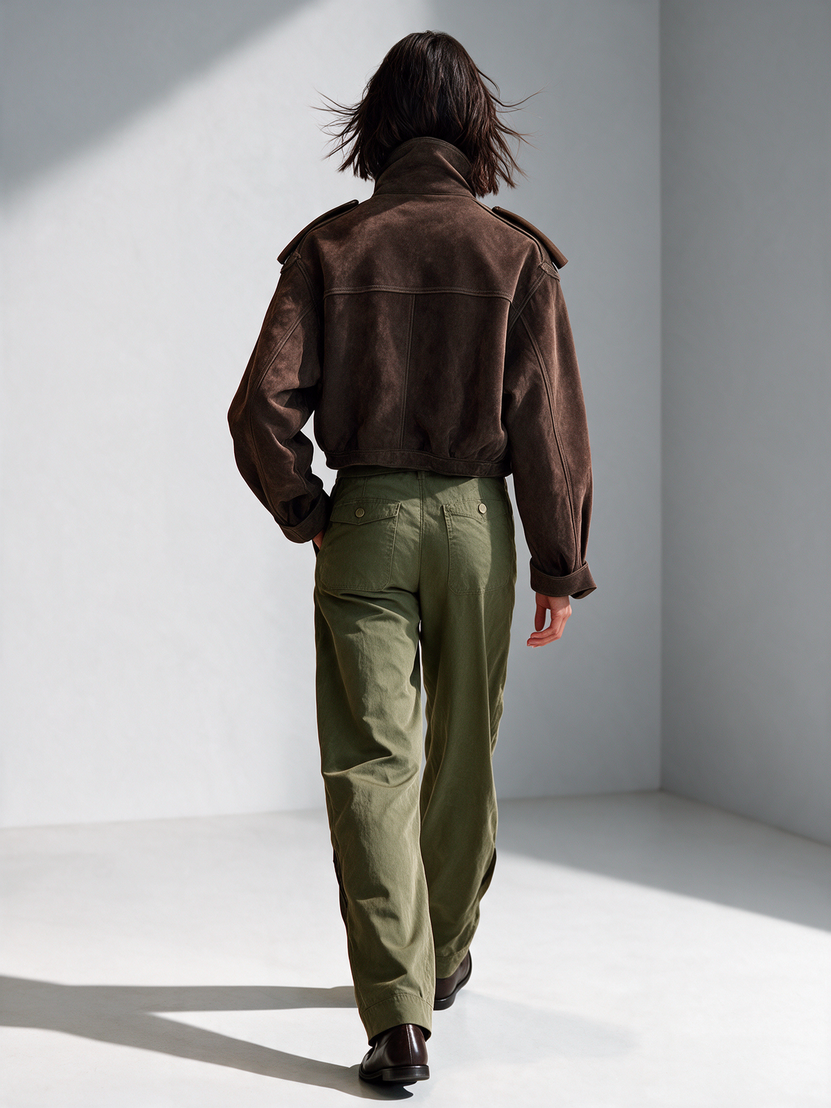 Women's Dark Brown Cropped Stand Collar Utility Suede Jacket – ModClo