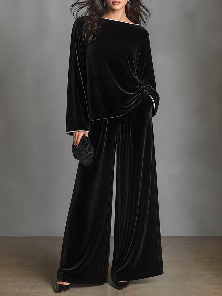 Women's Velvet Two-Piece Set Boat Neck Top & Wide Leg Palazzo Trousers – ModClo