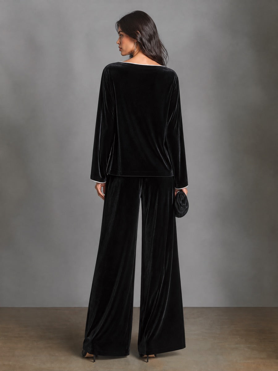 Women's Velvet Two-Piece Set Boat Neck Top & Wide Leg Palazzo Trousers – ModClo