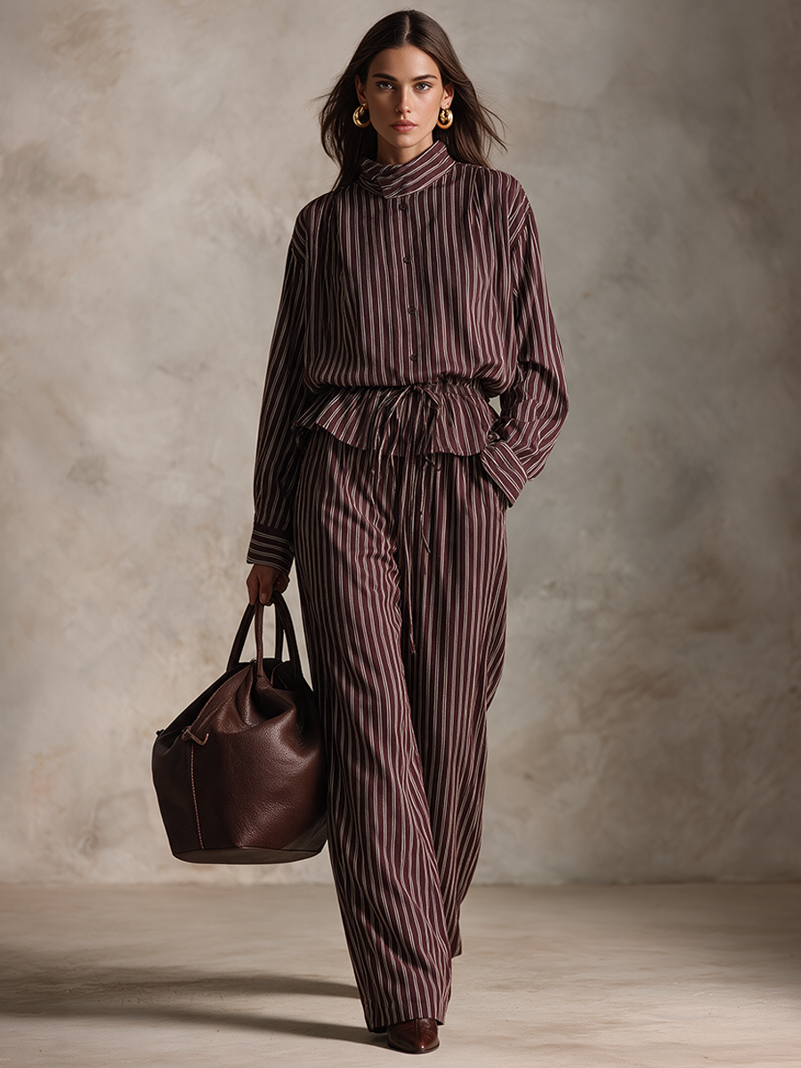 Women's Vintage Striped Shirt & Wide-Leg Trousers Set – ModClo