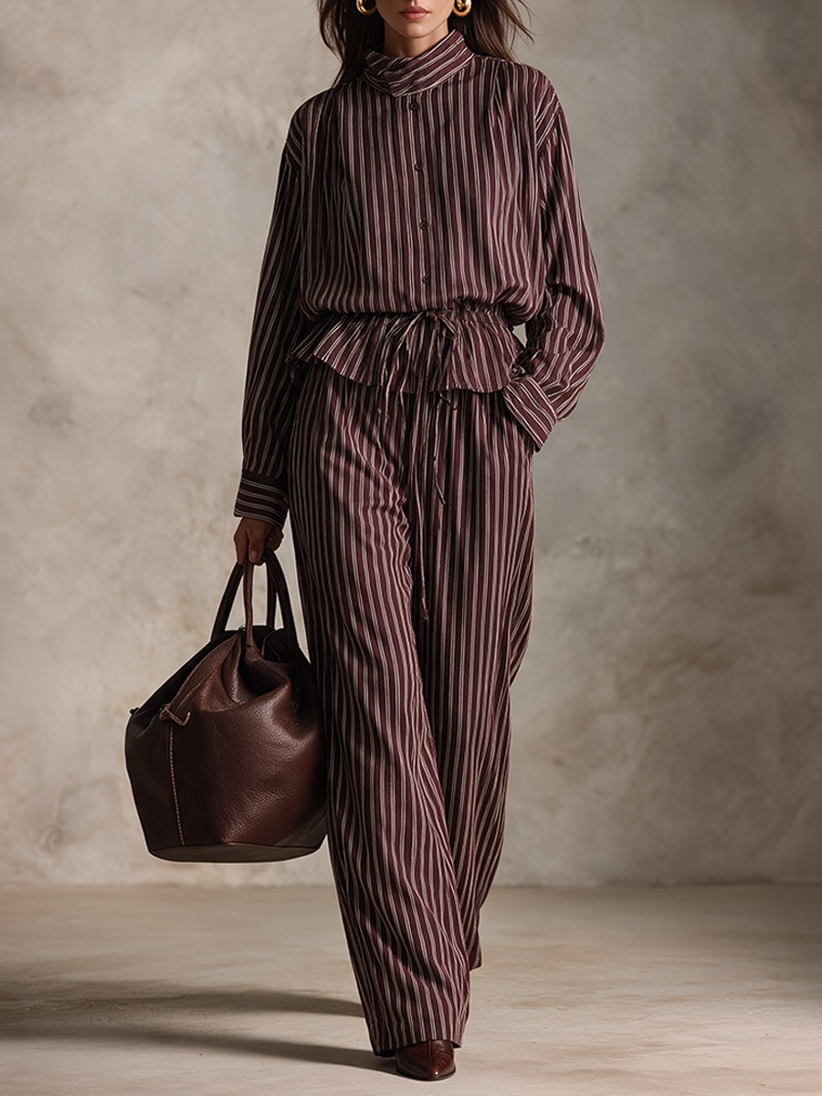 Women's Vintage Striped Shirt & Wide-Leg Trousers Set – ModClo