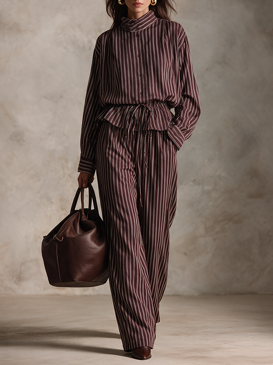 Women's Vintage Striped Shirt & Wide-Leg Trousers Set – ModClo