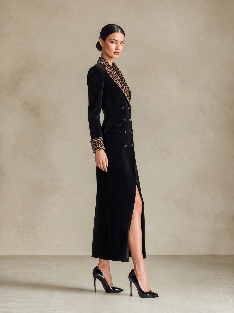 Women's Leopard-Trim Double-Breasted Long Sleeve Maxi Coat – ModClo