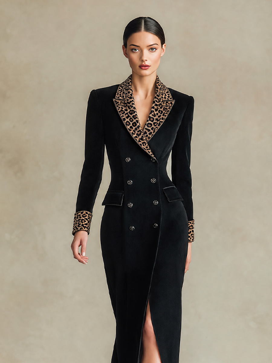 Women's Leopard-Trim Double-Breasted Long Sleeve Maxi Coat – ModClo