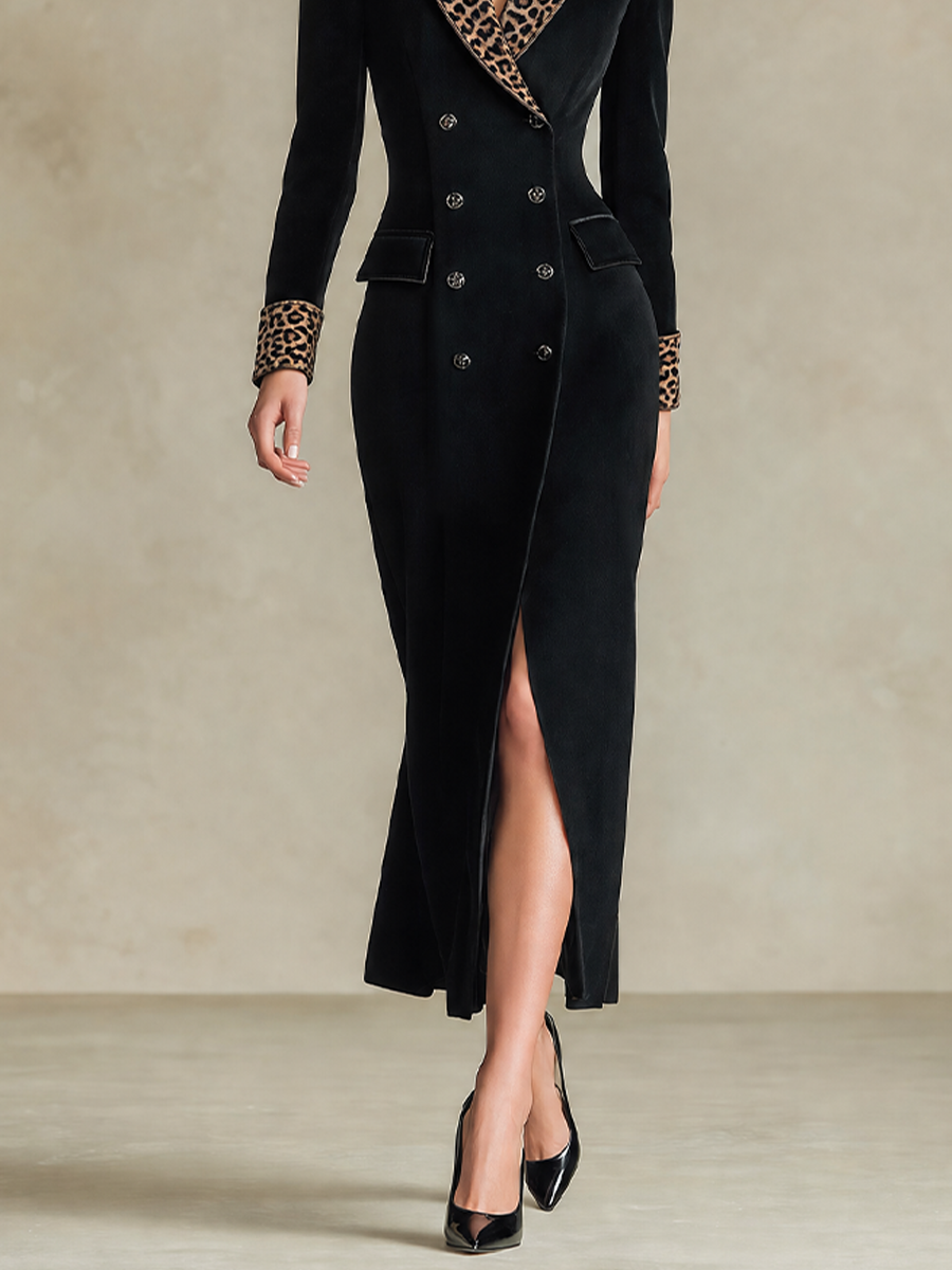 Women's Leopard-Trim Double-Breasted Long Sleeve Maxi Coat – ModClo