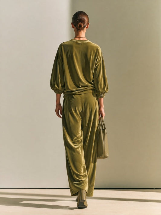 Women's Oversized Velvet Two-Piece Set - Crewneck Top & Wide-Leg Trousers – ModClo
