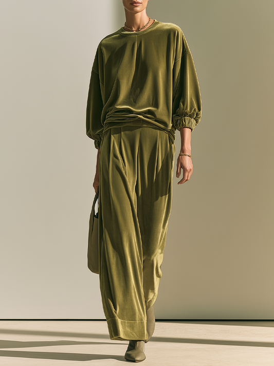 Women's Oversized Velvet Two-Piece Set - Crewneck Top & Wide-Leg Trousers – ModClo