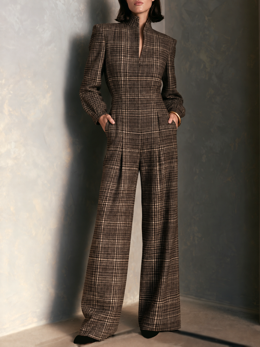 Women's Vintage Plaid Woolen Stand Collar Wide Leg Jumpsuit Long Sleeve Jumpsuit – ModClo