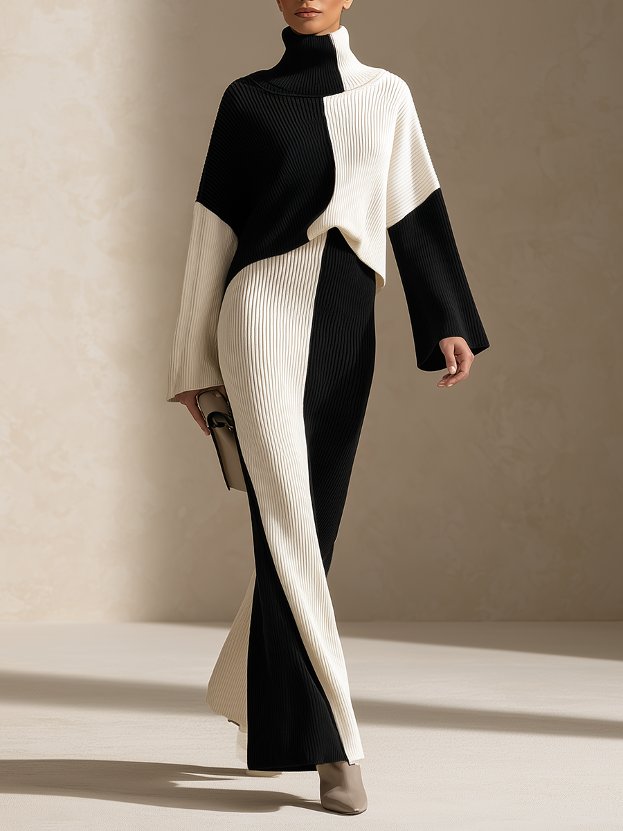Women's Colourblock Ribbed Knit Black White Maxi Set – ModClo