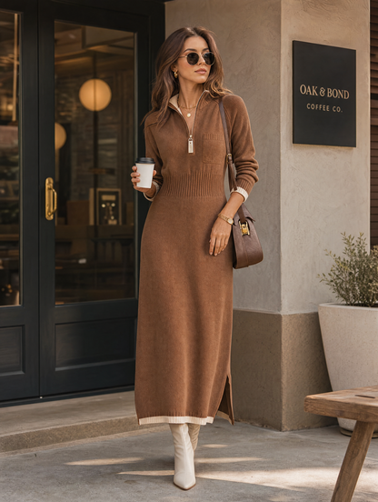 Women's Stand Collar Retro Color Maxi Dress – ModClo