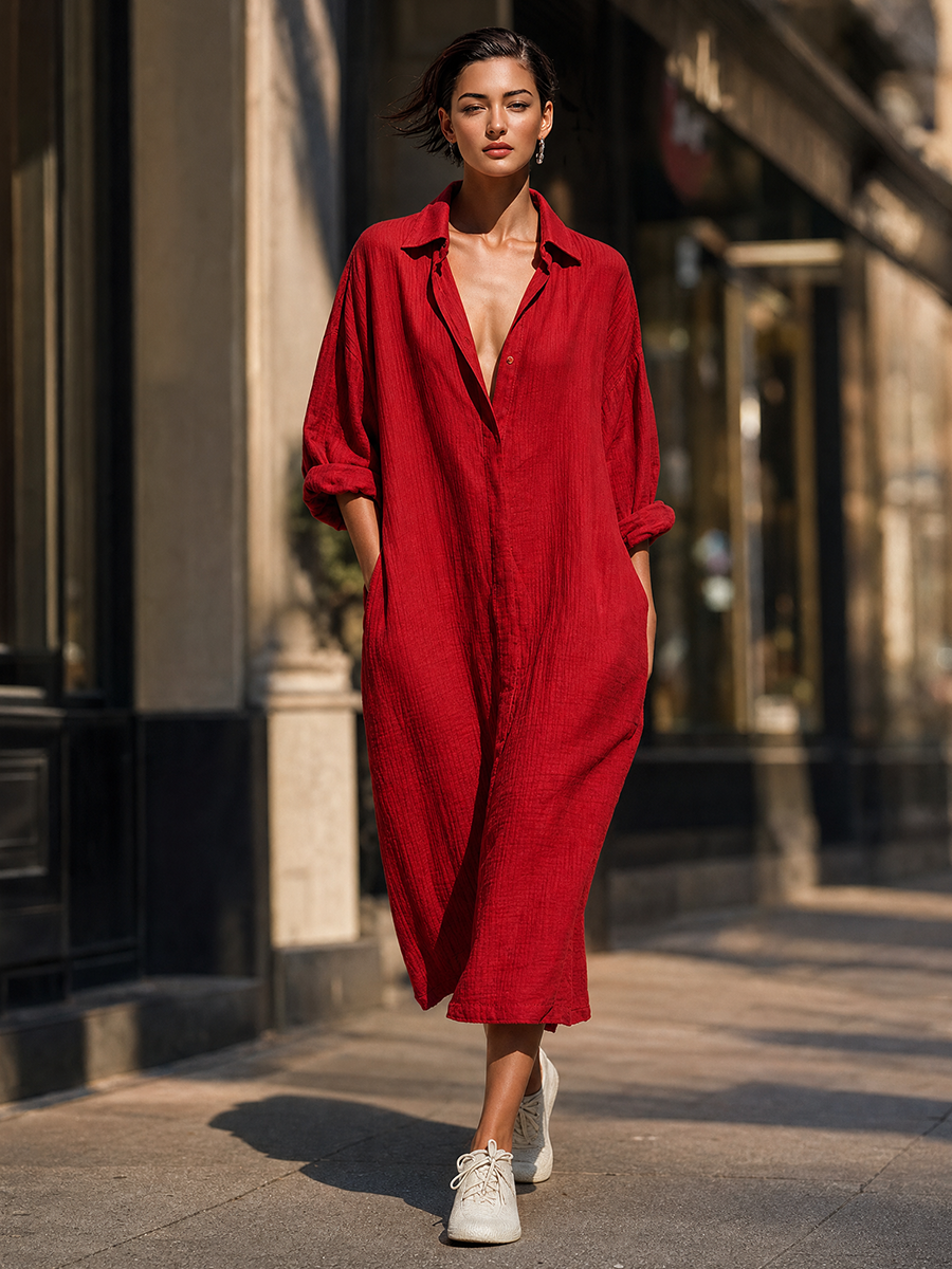 Women's Red Cotton Oversized Shirt Dress – ModClo