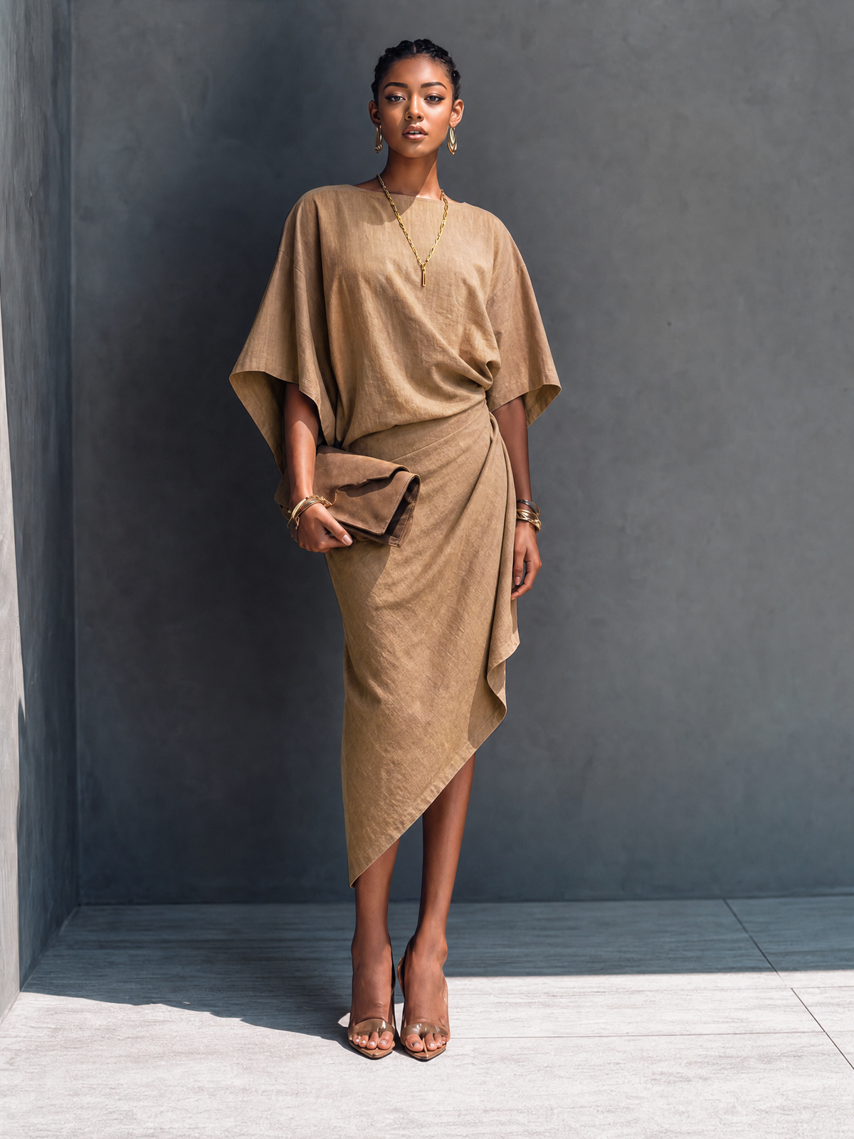 Women's Khaki Linen Short Sleeve Asymmetric Midi Dress – ModClo