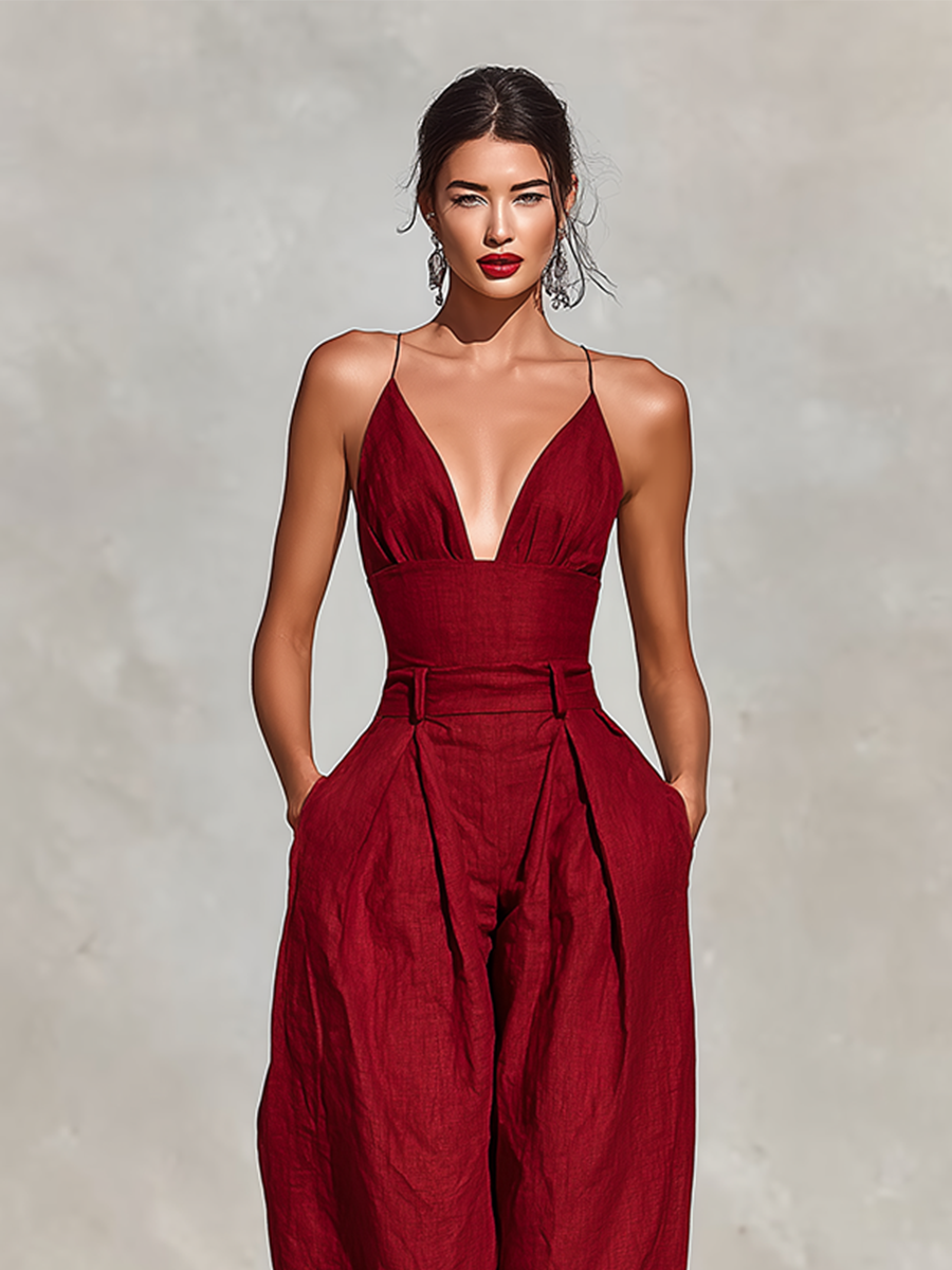 Women's Red Linen Pleated Jumpsuit – ModClo