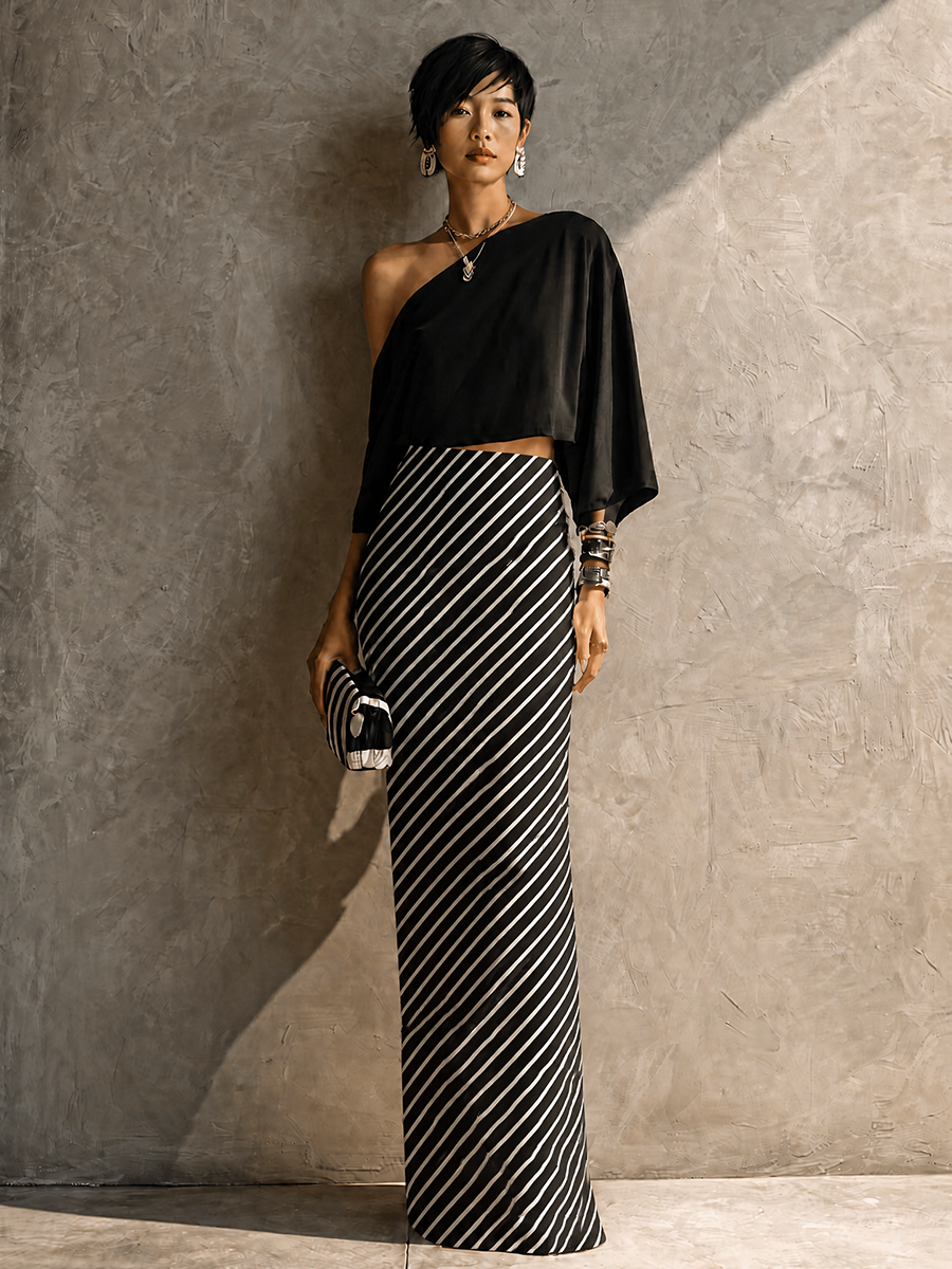 Women's Black Cotton Striped Skirt Set – ModClo