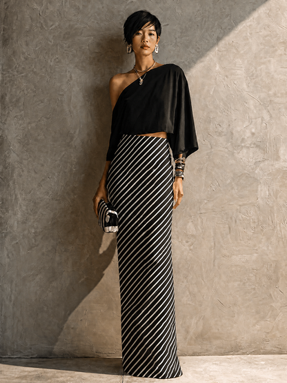 Women's Black Cotton Striped Skirt Set – ModClo