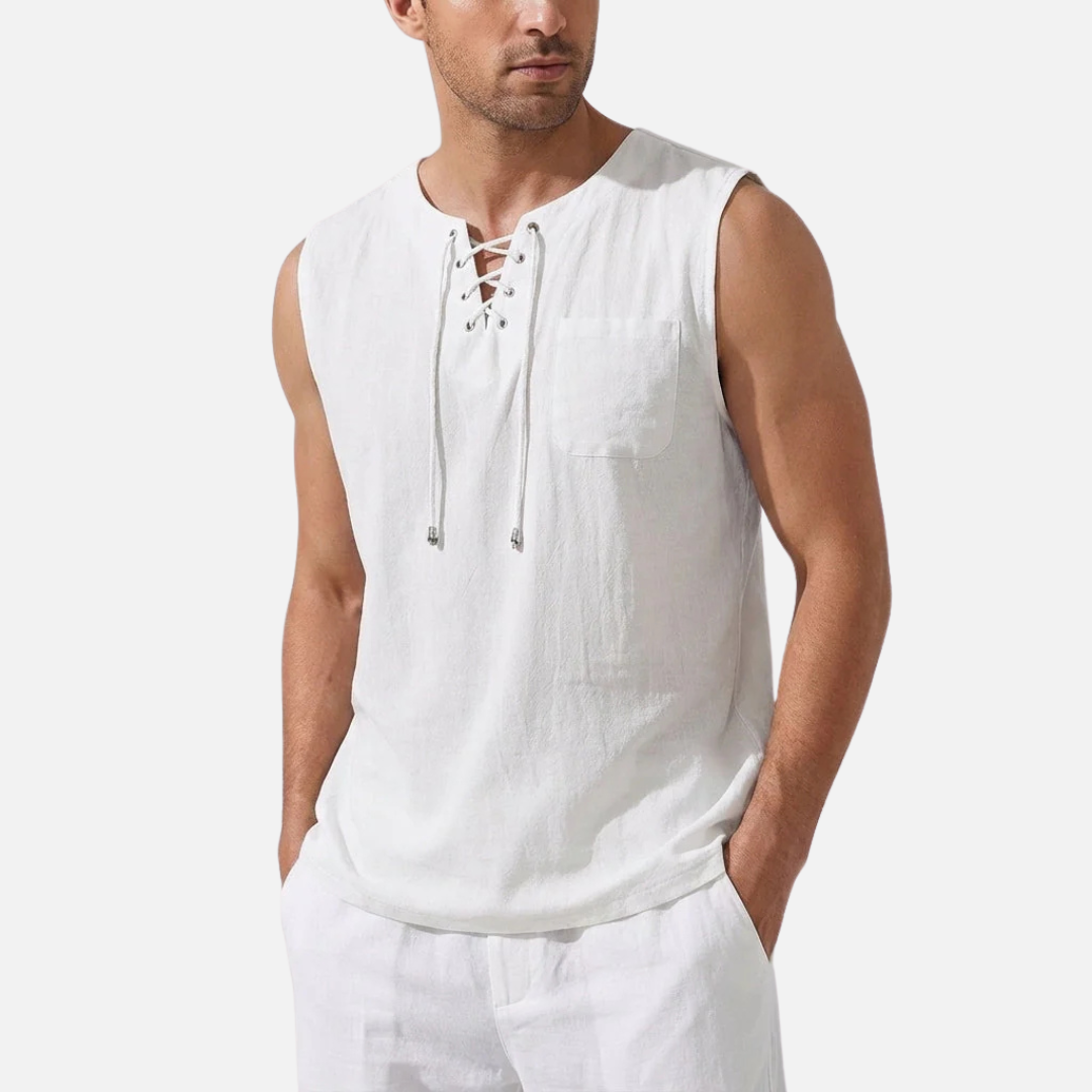 Men's Linen Sleeveless Tank Top | Lace-Up V-Neck Beach Vest