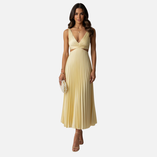 Women's Pleated V-Neck Midi Dress - Wedding Guest