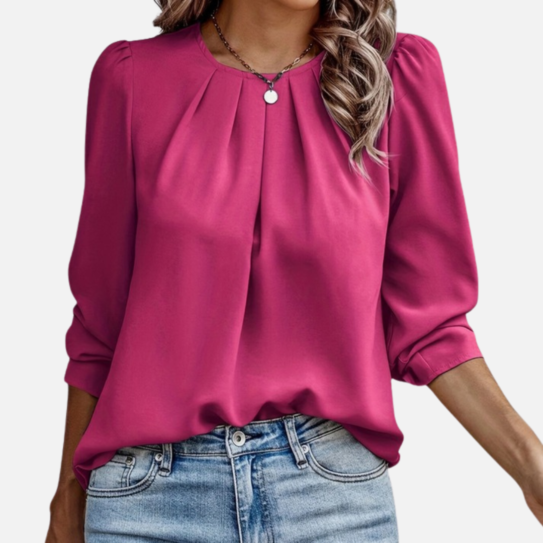 Women's Elegant Chiffon Blouse – Pleated Neck Puff Sleeve