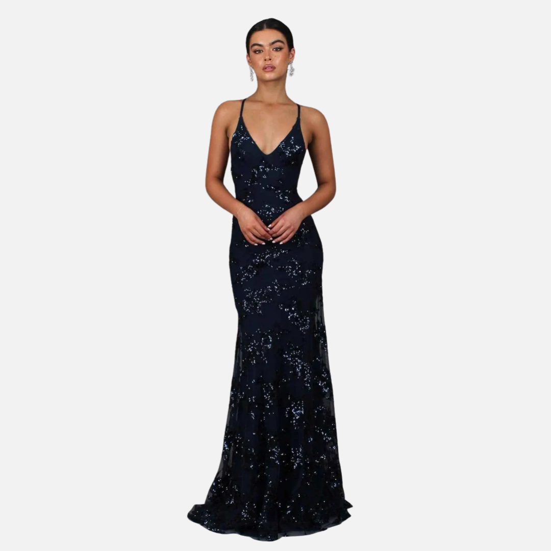 Women's Sequin Mermaid Formal Gown | Sparkly V-Neck Spaghetti Strap Evening Dress