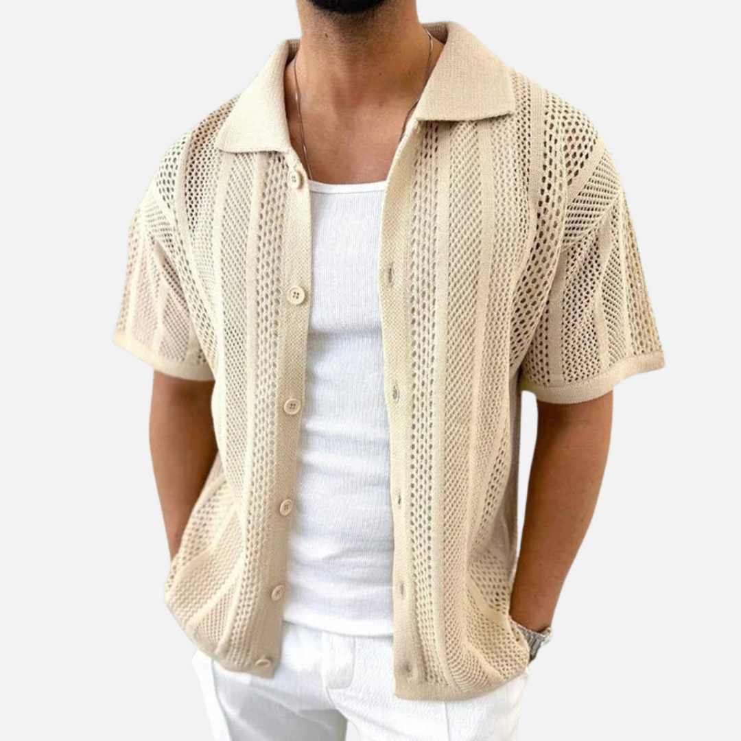 Men's Open Knit Cuban Collar Shirt – Short Sleeve Crochet Button-Up Beach Shirt