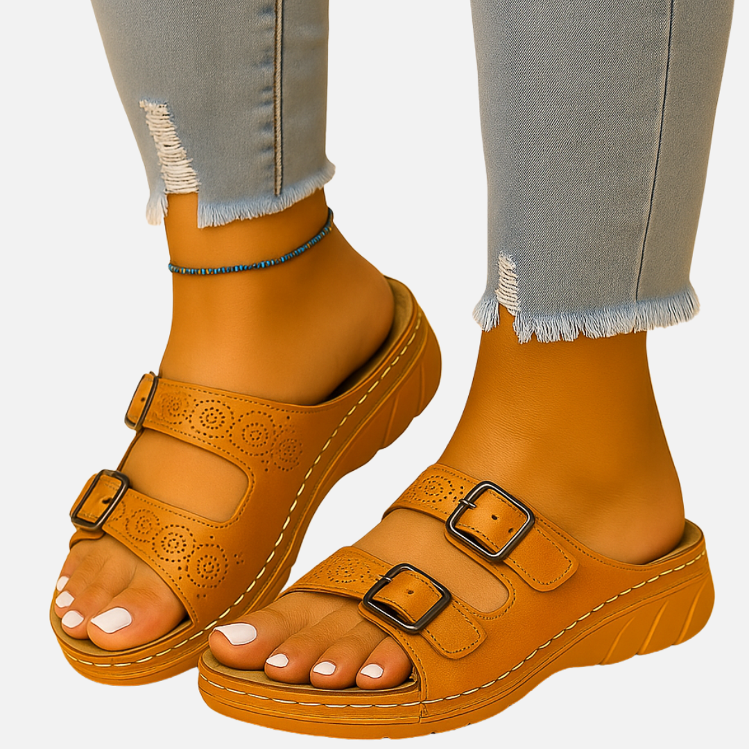 Women’s Comfort Sandals - Slip On Buckle Slides