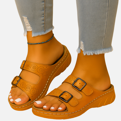 Women’s Comfort Sandals - Slip On Buckle Slides