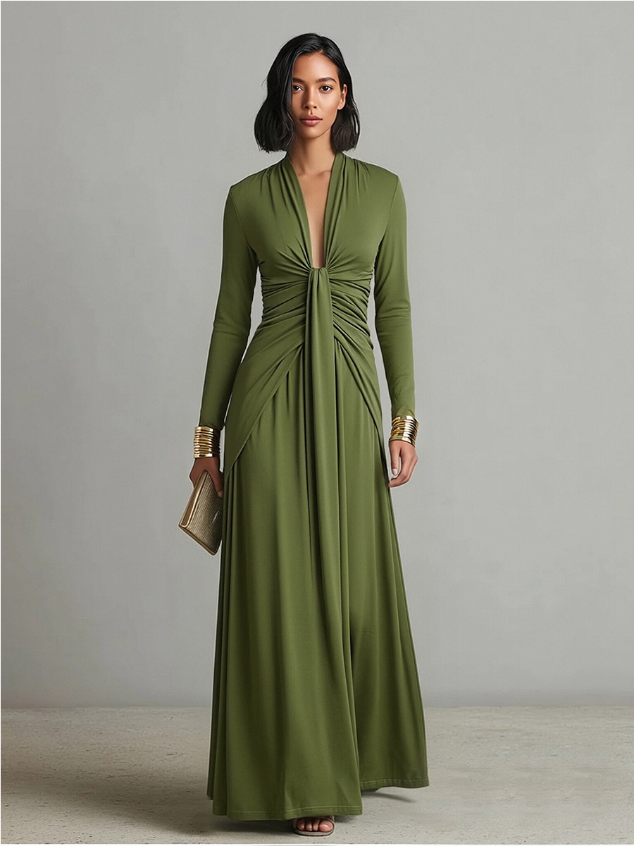 Women's Olive Silky Ruched Maxi Dress – ModClo