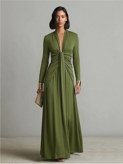 Women's Olive Silky Ruched Maxi Dress – ModClo