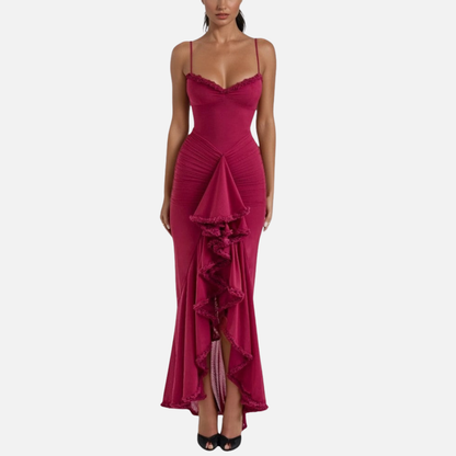 Women's Red Ruffle Maxi Dress - Spaghetti Strap Formal Gown