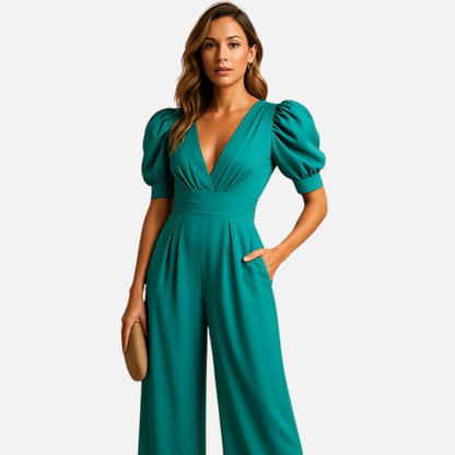 Women's Puff Sleeve Wide Leg Jumpsuit - Elegant Resort Wear