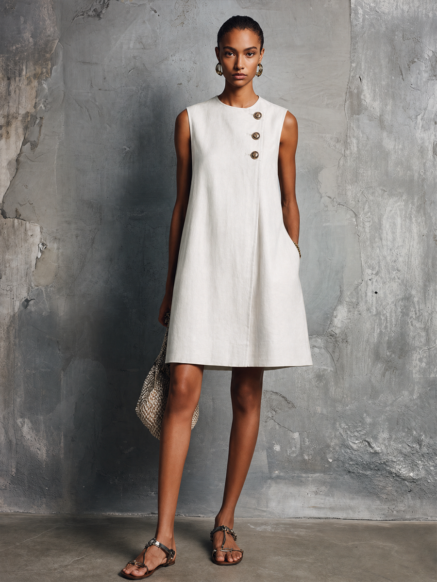 Women's Navy Linen Round Neck Sleeveless Mini Dress – ModClo