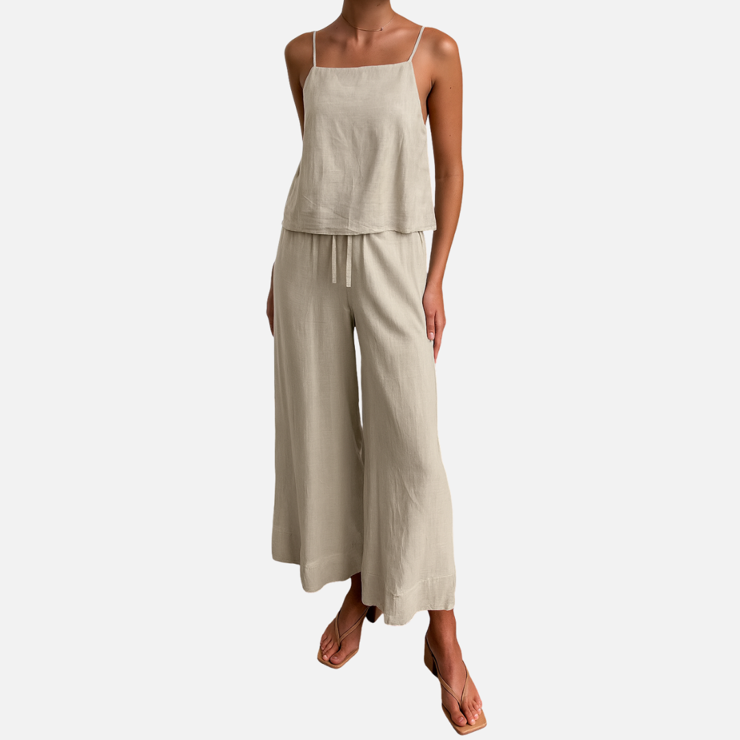Women's Linen Outfit Set - Wide-leg Pants and Top