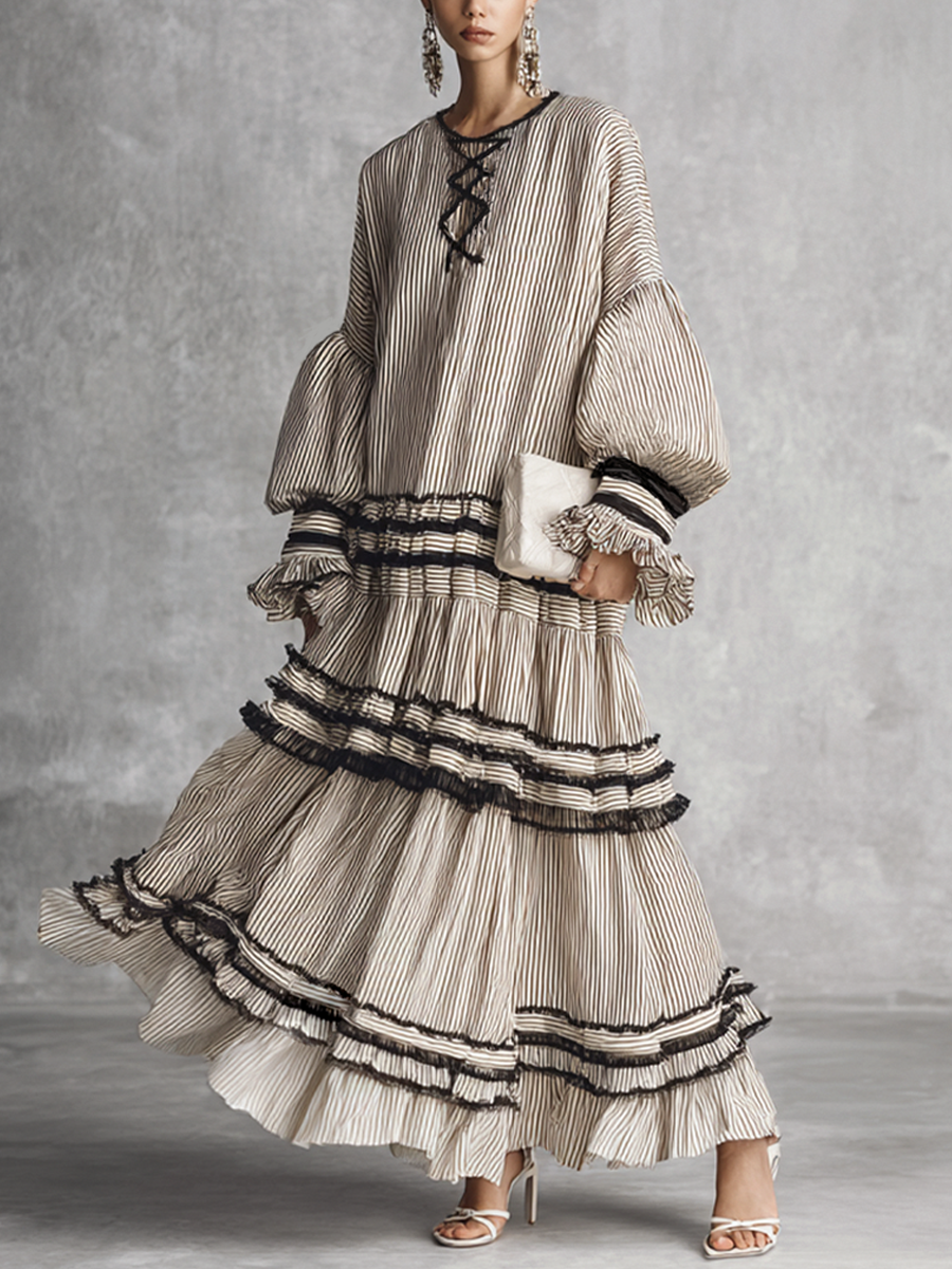 Women's Cotton Long Sleeve Tiered Striped Maxi Dress – ModClo