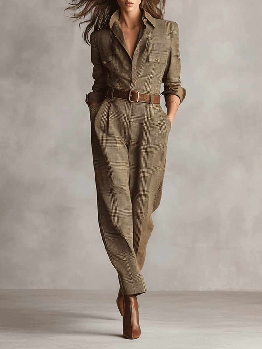 Women's Brown Tweed Plaid Utility Jumpsuit – ModClo