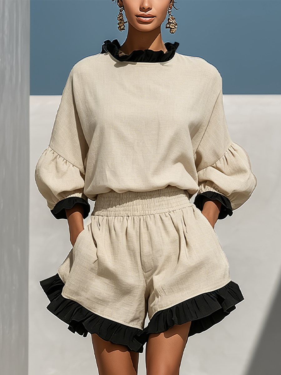 Women's Beige Linen Long Sleeve Two-Piece Set – ModClo