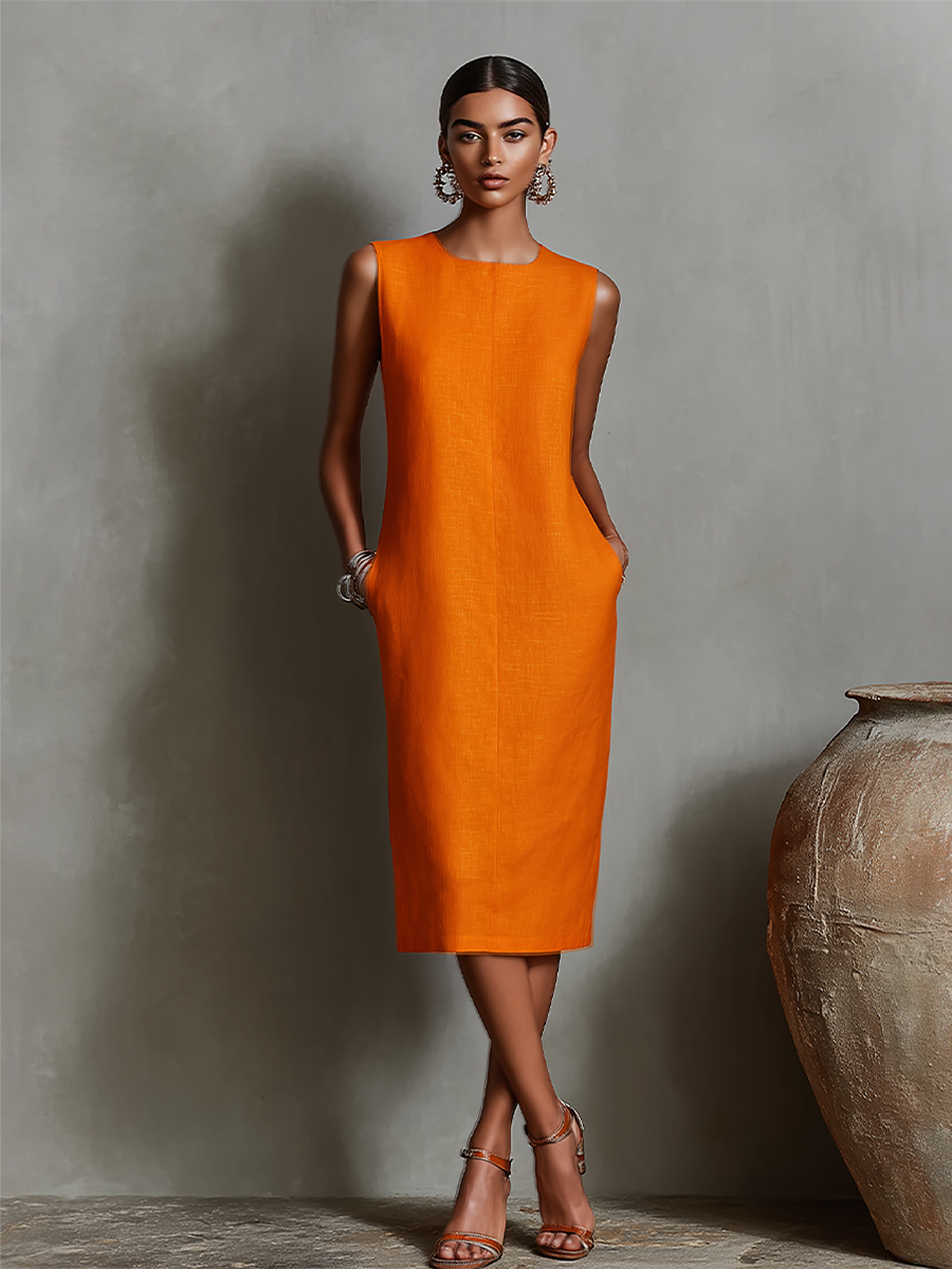 Women's Orange Linen Round Neck Sleeveless Dress – ModClo