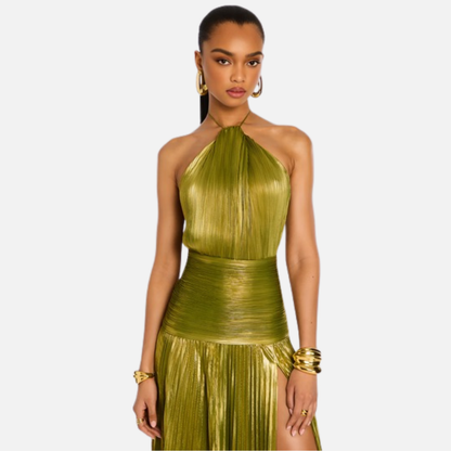 Women's Shimmering Pleated Halter-Neck Maxi Gown Dress