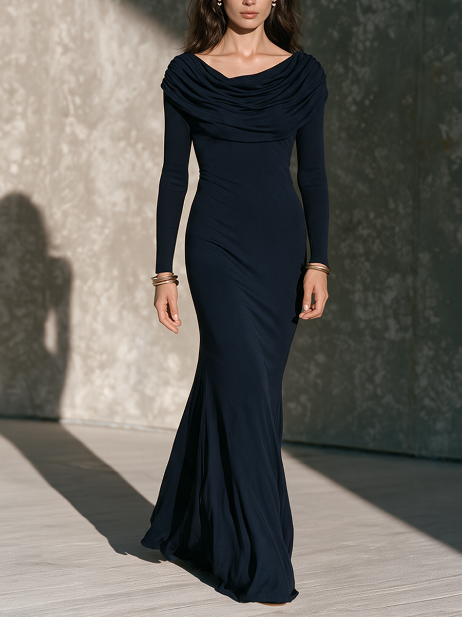Women's Long-Sleeve Knit Maxi Dress with Ruched High Neck – ModClo