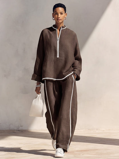 Women's Blue Linen Oversized Stand Collar Trouser Set – ModClo