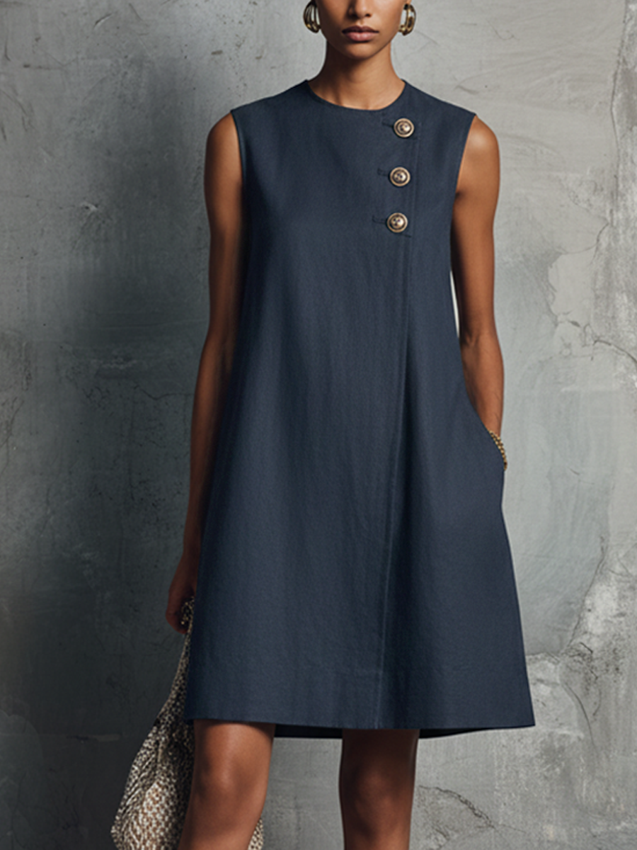 Women's Navy Linen Round Neck Sleeveless Mini Dress – ModClo