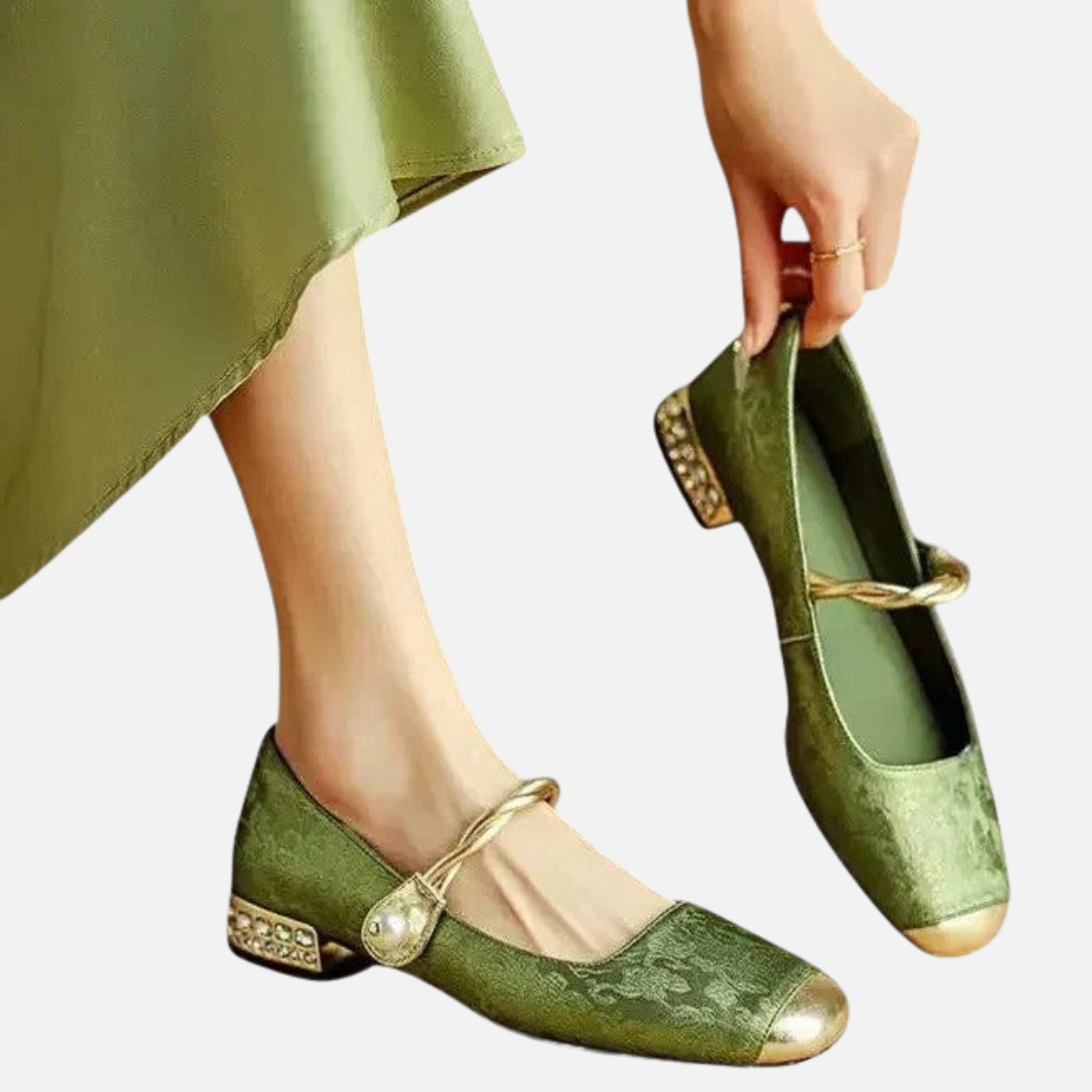 Women's Velvet Mary Jane Flats – Square Toe Pearl Heel