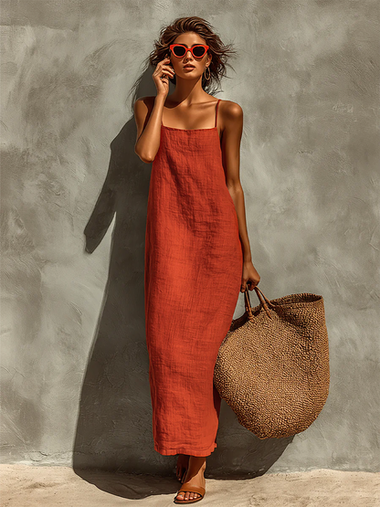 Women's Red Cotton Square Neck Boho Dress – ModClo