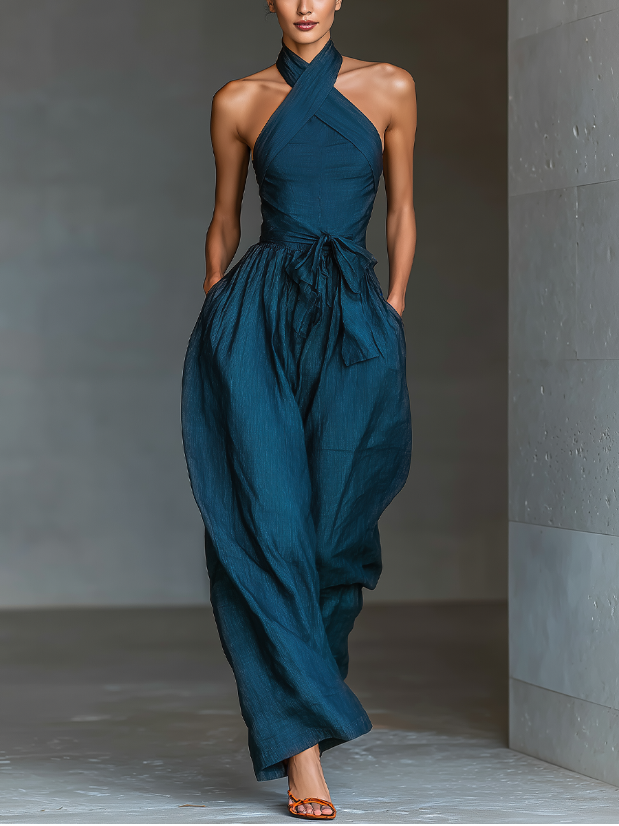 Women's Navy Linen Halter Jumpsuit – ModClo